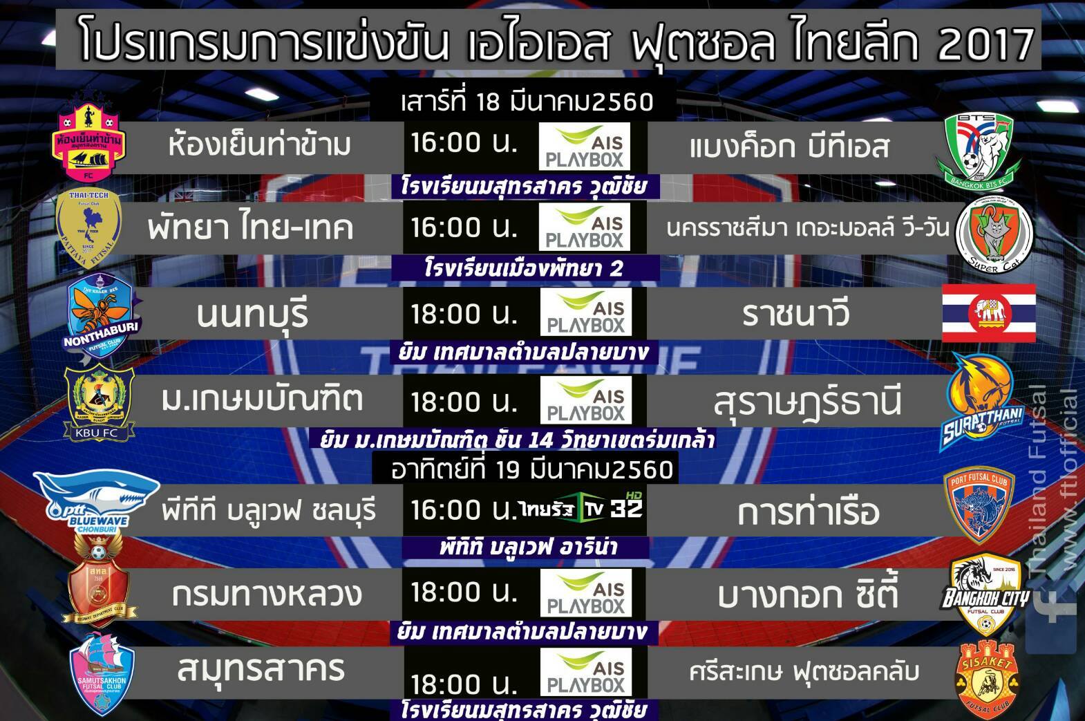 โปรแกรมฟุตซอลไทยลีก 2017 ประจำวันที่ 18-19 มี.ค. 2560 นัดเปิดฤดูกาล