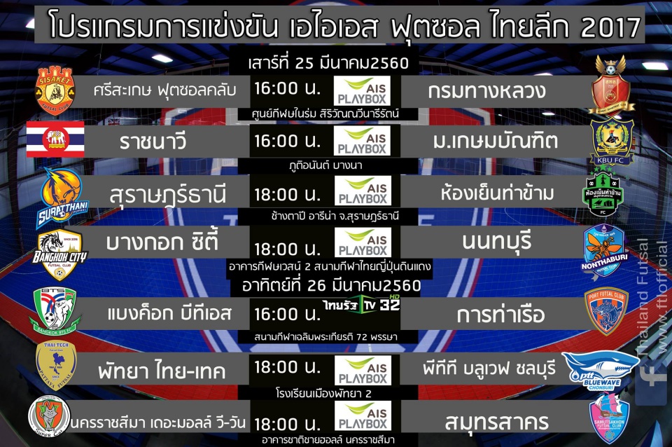 โปรแกรมฟุตซอลไทยลีก 2017 ประจำวันที่ 25-26 มี.ค. 2560 นัดที่ 2